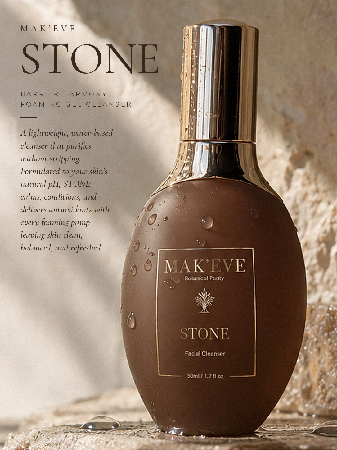 STONE foaming gel cleanser bottle with water droplets